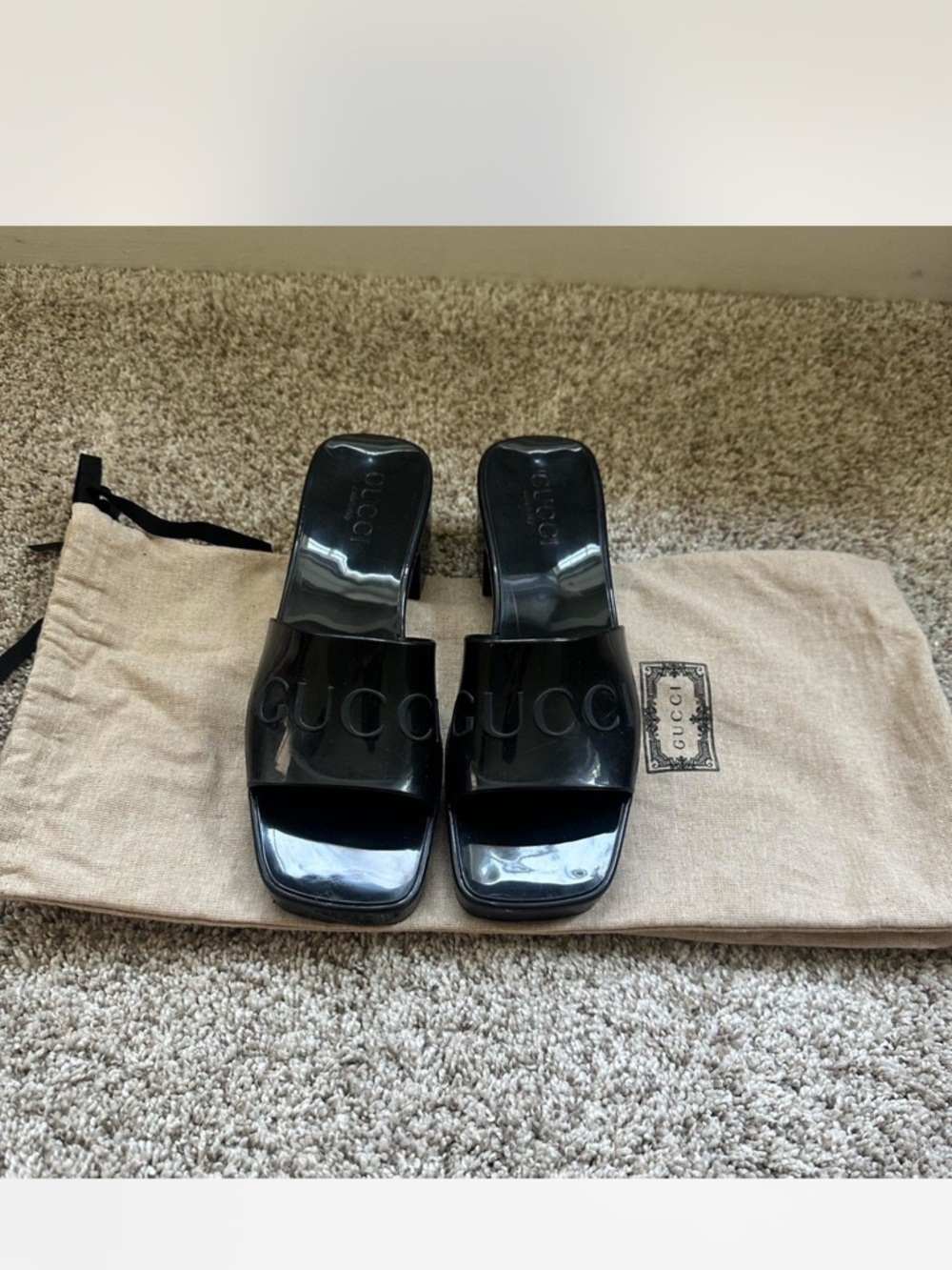 Gucci Black Rubber Logo Slide Sandals Women's Slip On Casual Solid Summer Spring